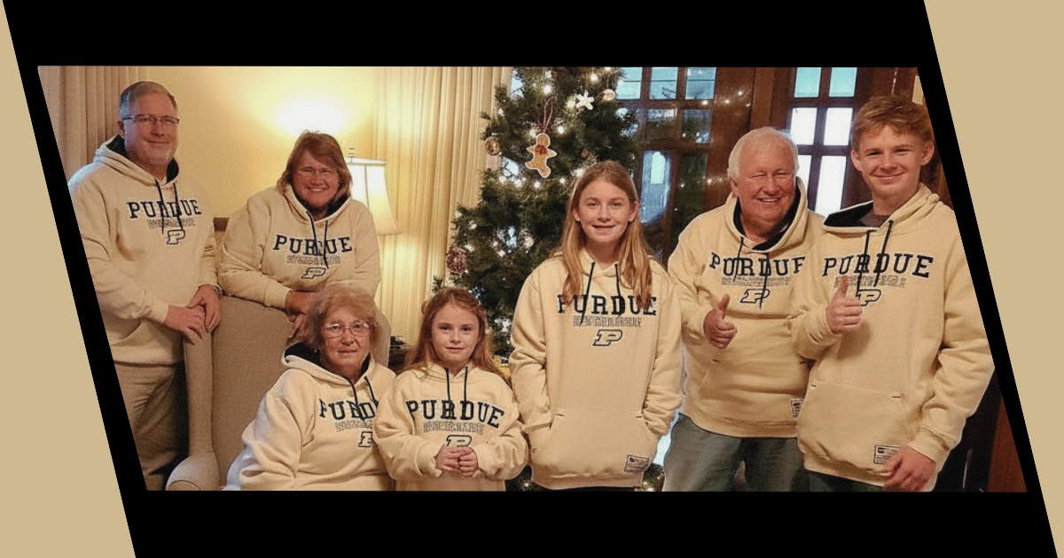 The Whittington Family in matching Purdue sweatshirts (John, Kristin, Ro, Lucy, Ally, Shorty and Stillman Whittington).