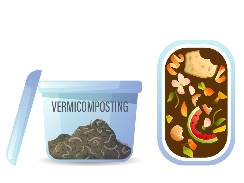 A vermicompost pail is shown with layers of worms, brown material and food scraps