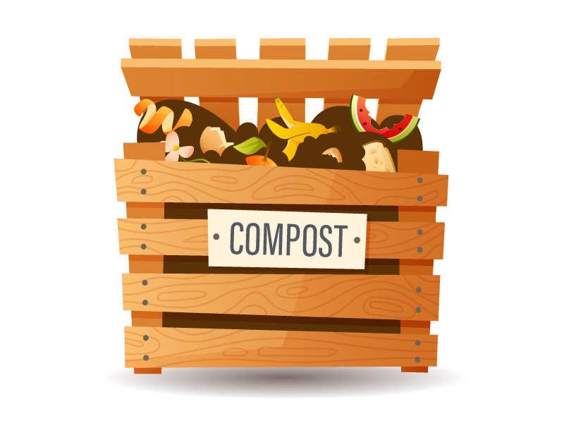 A wooden compost bin with a lid is shown.