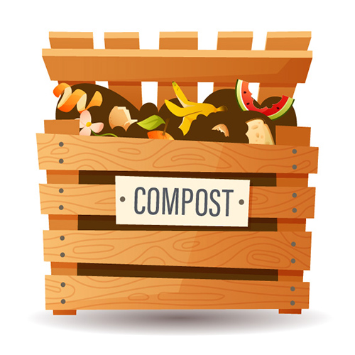 Two hands are shown holding brown compost material and one hand is shown holding green compost material.