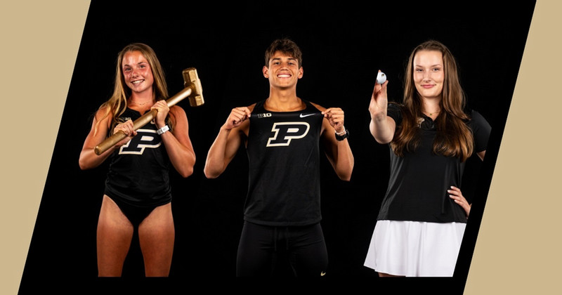 Graphic with two gold diagonal squares and headshots of the three student honorees, Amy Wigand, Lana Malek and Quintin Lowe.