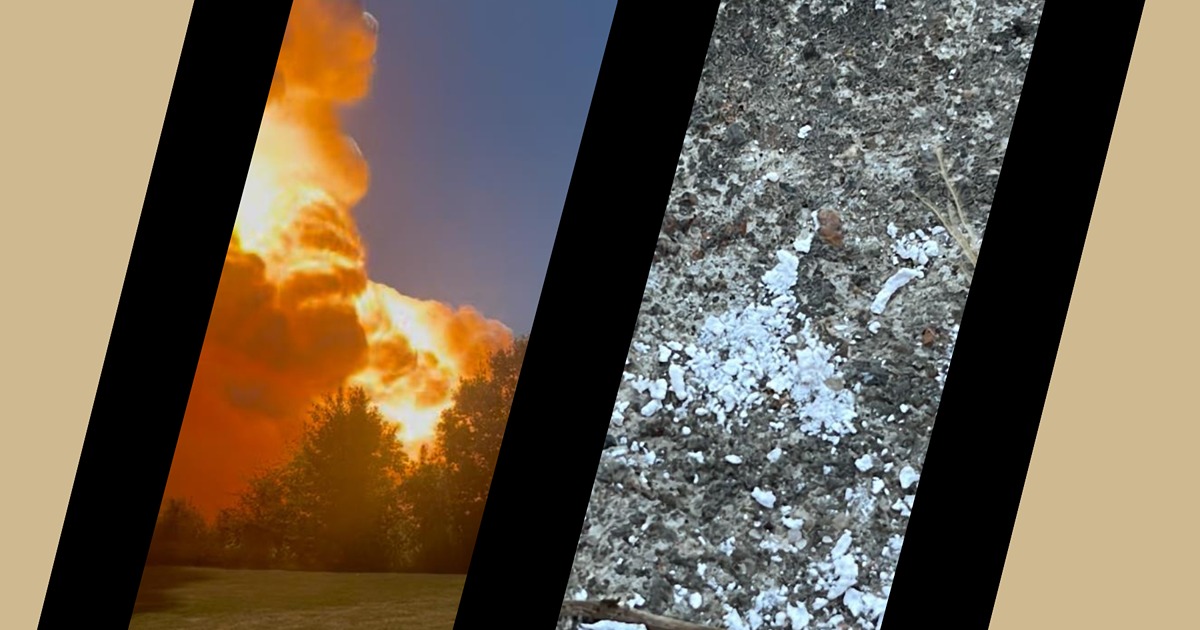 Graphic with a slanted picture of the chemical fire and ash on the ground inside Purdue Branded Black and Gold bars