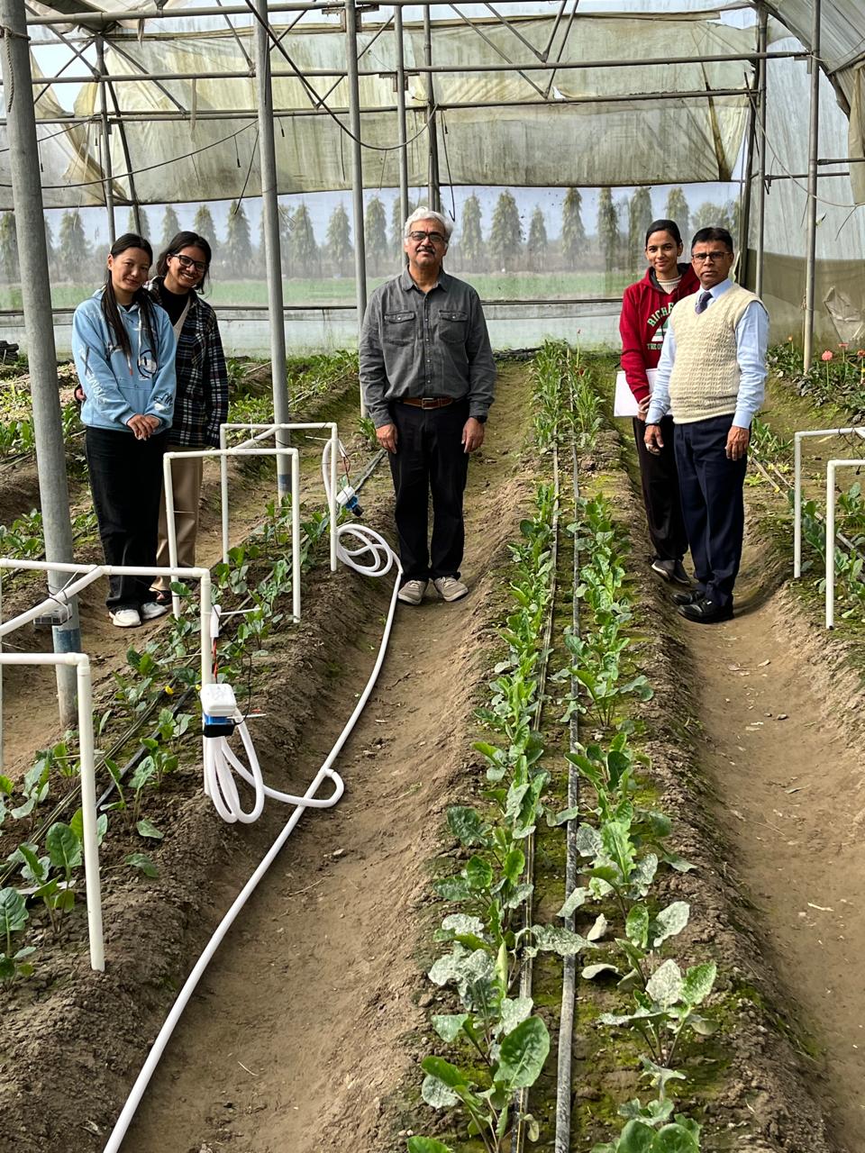 Krishna Nemali and students involved in the research project, standing in a outdoor greenhouse.