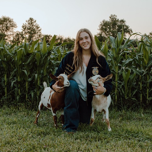 Delaney Cooney poses with goats near corn field