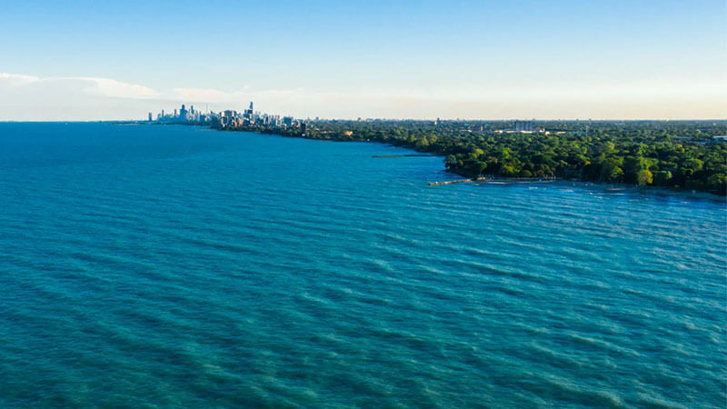Chicago skyline from the air over Lake Michigan
