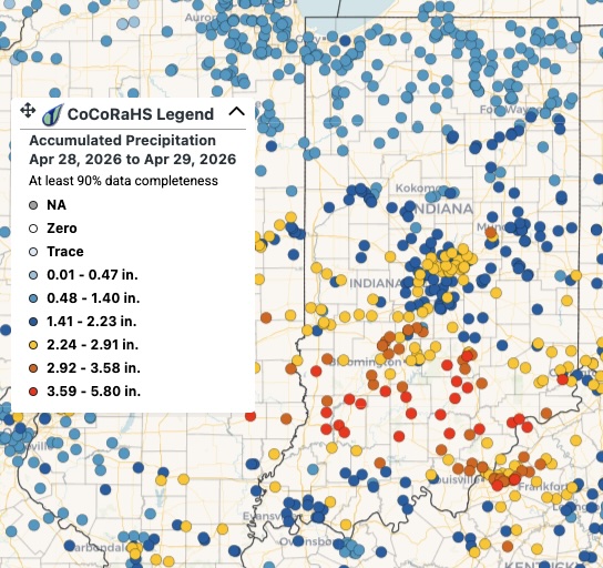 A map showing the accumulated precipitation around Indiana