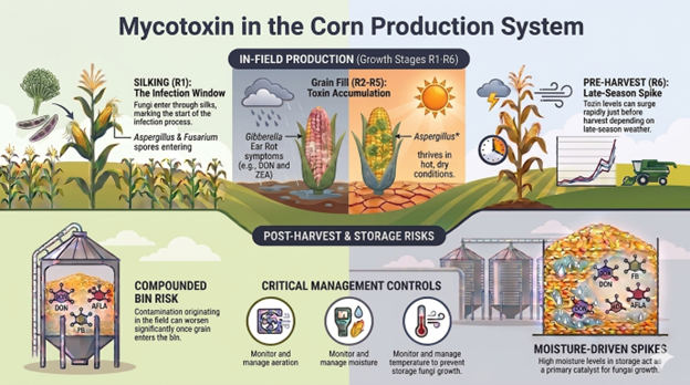 This picture represents a diagram with mycotoxin in the corn production system
