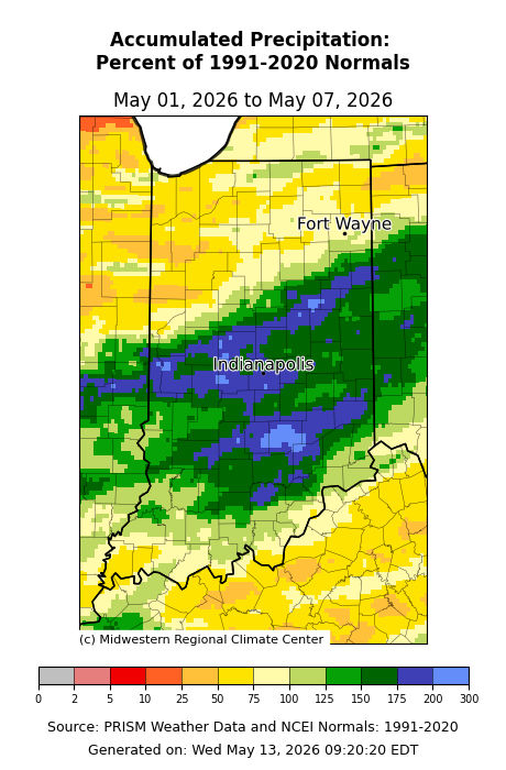 A figure showing the Indiana accumulated precipitation from may 01 to May 07, 2026.