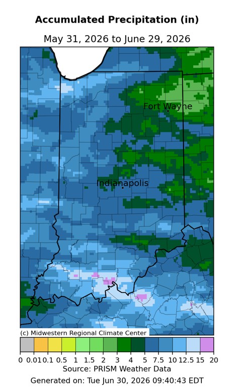 Map of Indiana accumulated precipitation (in) from May 31st through June 29th. Data and figure generated from the Midwest Regional Climate Center