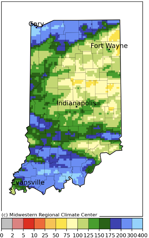 A picture showing the 30 days precipitation forecast for Indiana