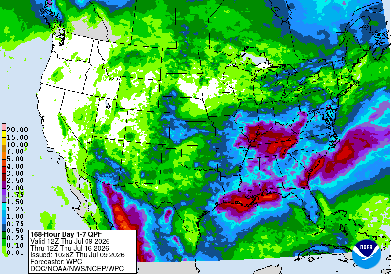A picture showing the 7 days precipitation forecast for Indiana