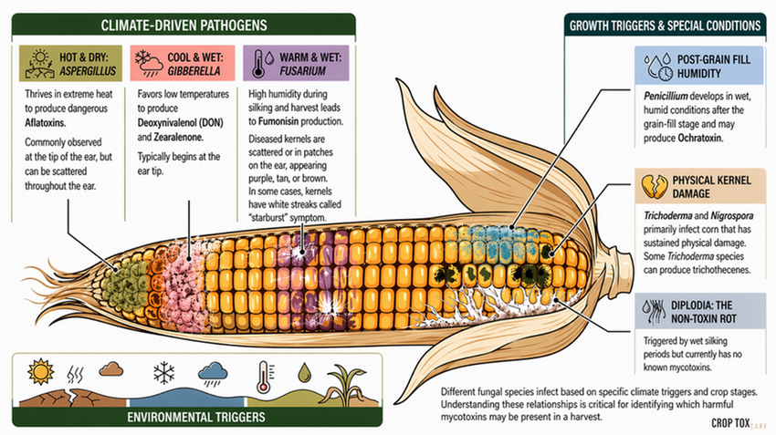 A diagram showing the climate variables that can affect pathogens in corn production system