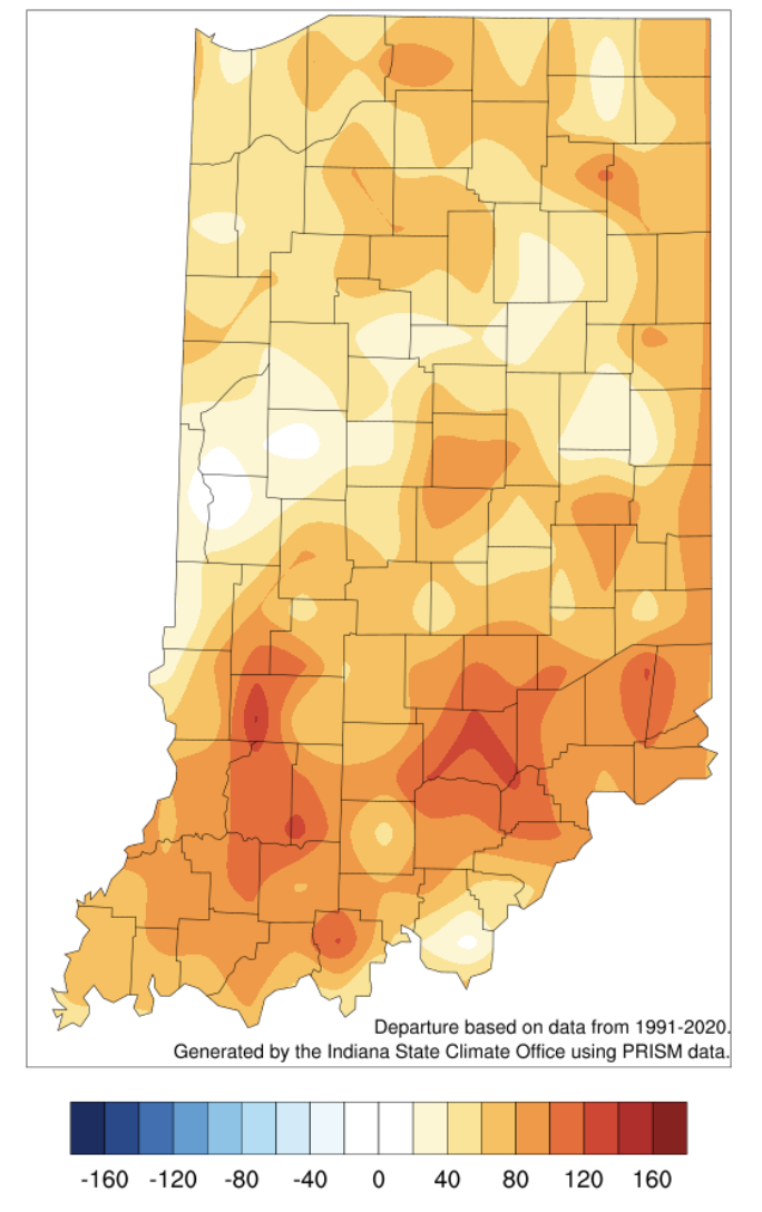 A picture showing the growing degrees days for Indiana from April to July 7.