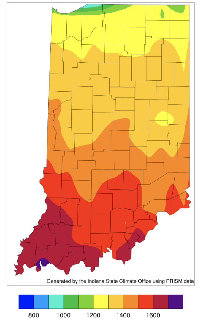 A picture showing the total growing degrees days for Indiana from April to July 7.