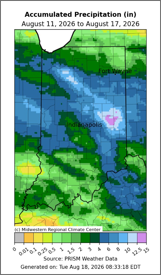 Indiana accumulated precipitation from August 11 through August 17th, 2026. Data and figure were generated by the Midwest Regional Climate Center