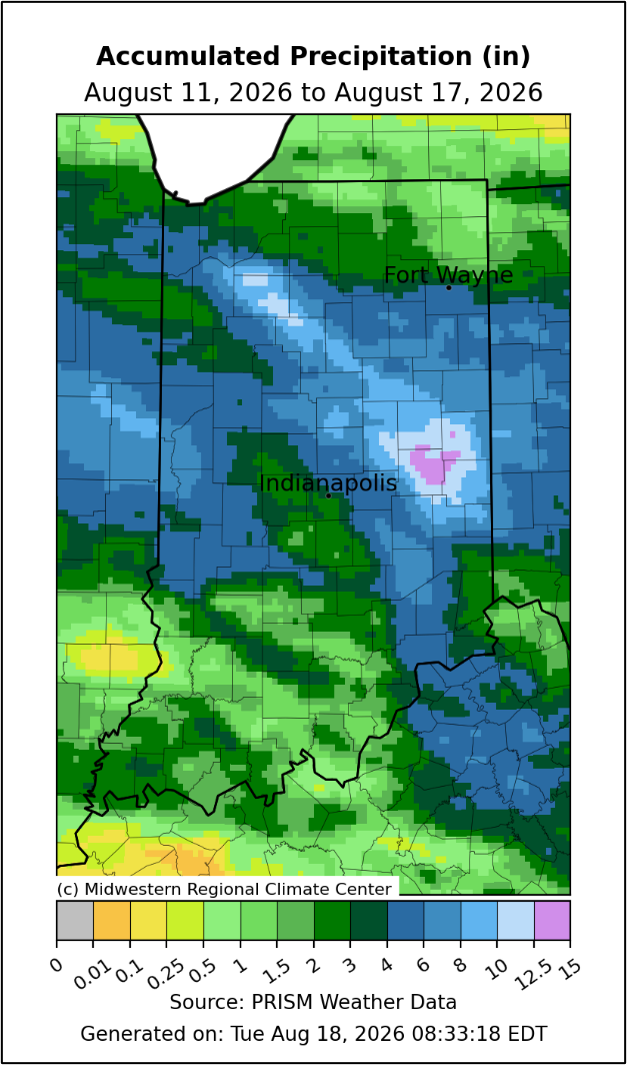 Indiana accumulated precipitation from August 11 through August 17th, 2026.