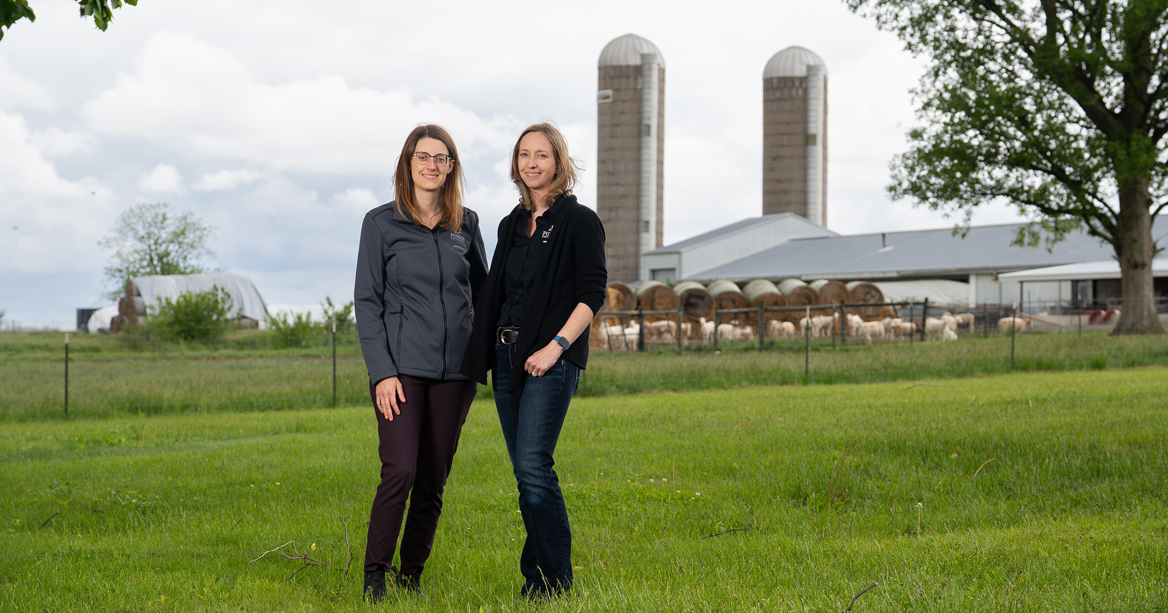 Purdue animal sciences faculty Marisa Erasmus and Heather Neave stand in a grassy field in front of a livestock facility with silos and sheep in the background.