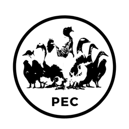 Black and white logo of the Poultry Extension Collaborative (PEC) featuring silhouettes of various poultry species within a circle, with the letters ‘PEC’ at the bottom.