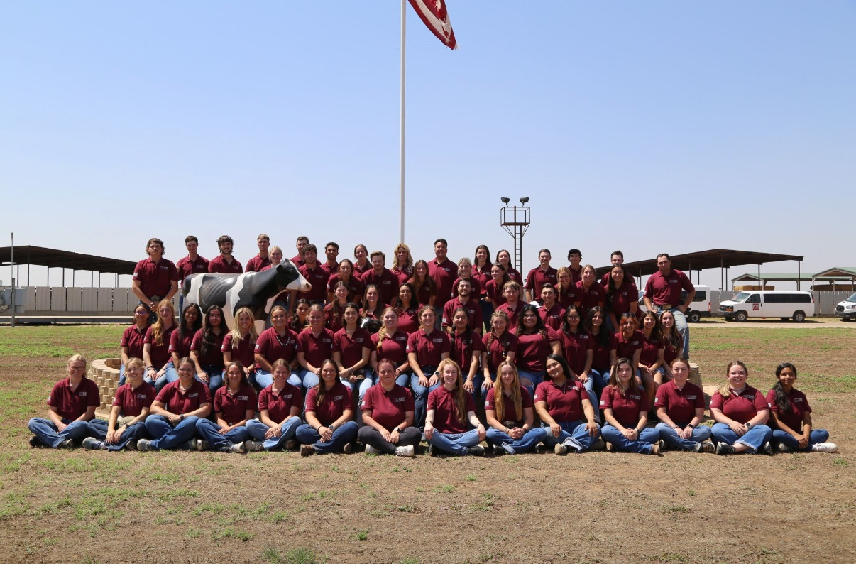 A large group of students wearing maroon shirts and jeans pose for a group photo in front of a flagpole and dairy facilities during the U.S. Dairy Education and Training Consortium. A life-size cow statue stands among them.
