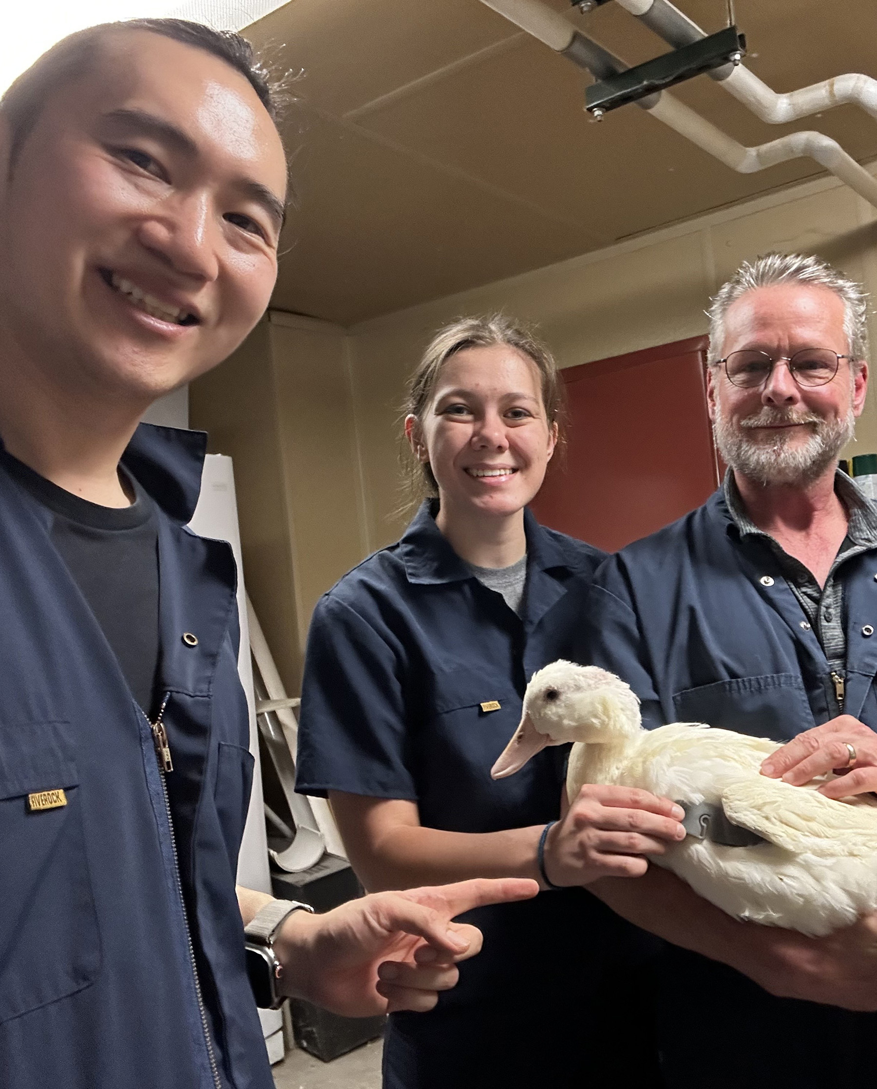 Isabella von Seggern, Gregory Fraley and another researcher hold a duck.