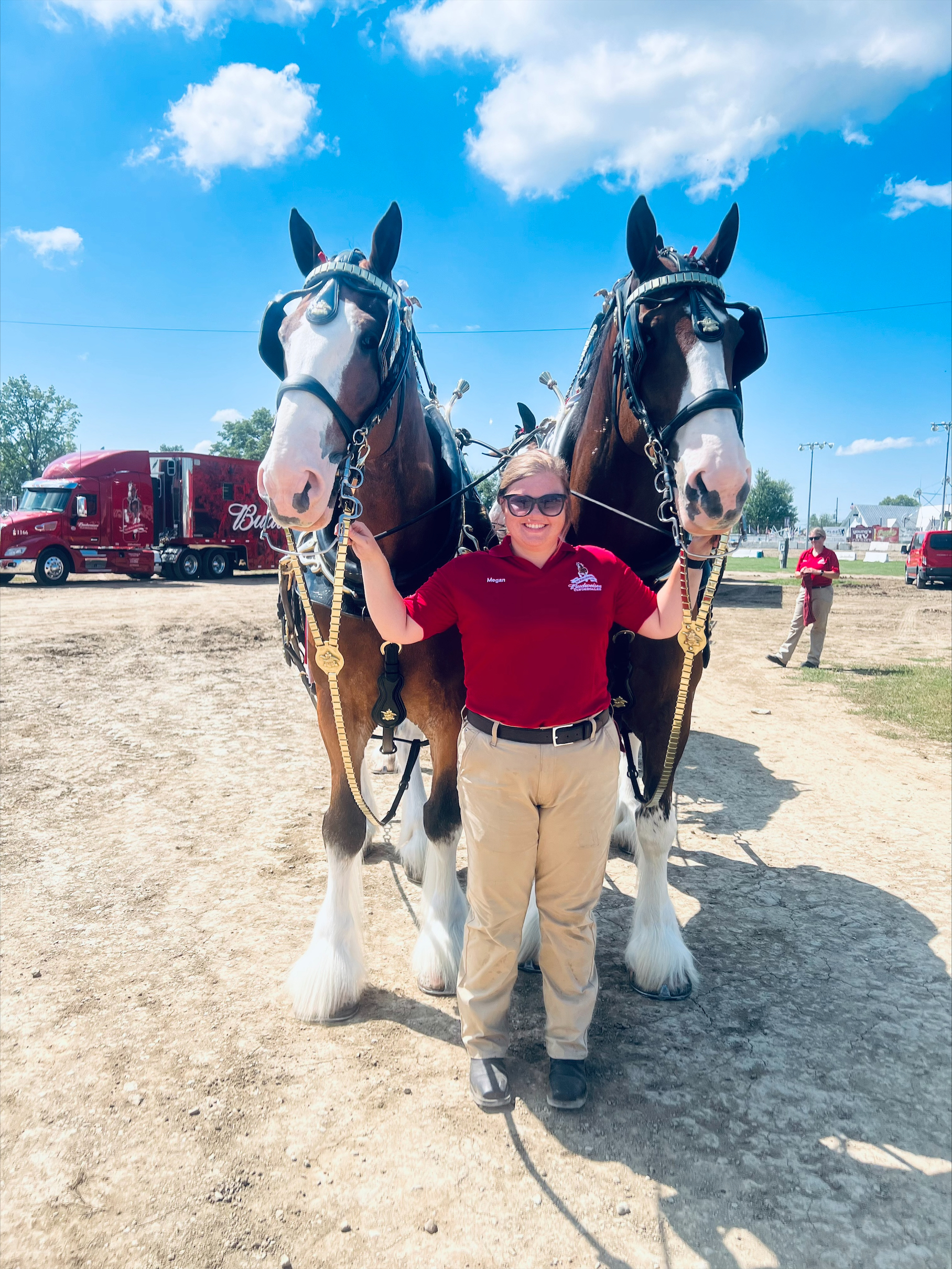 Megan Arnold with the Budweiser Clydesdales