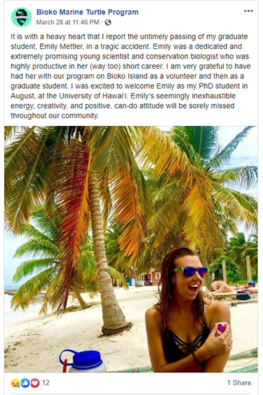 Emily Mettler Tribute post by Bioko Marine Turtle Program