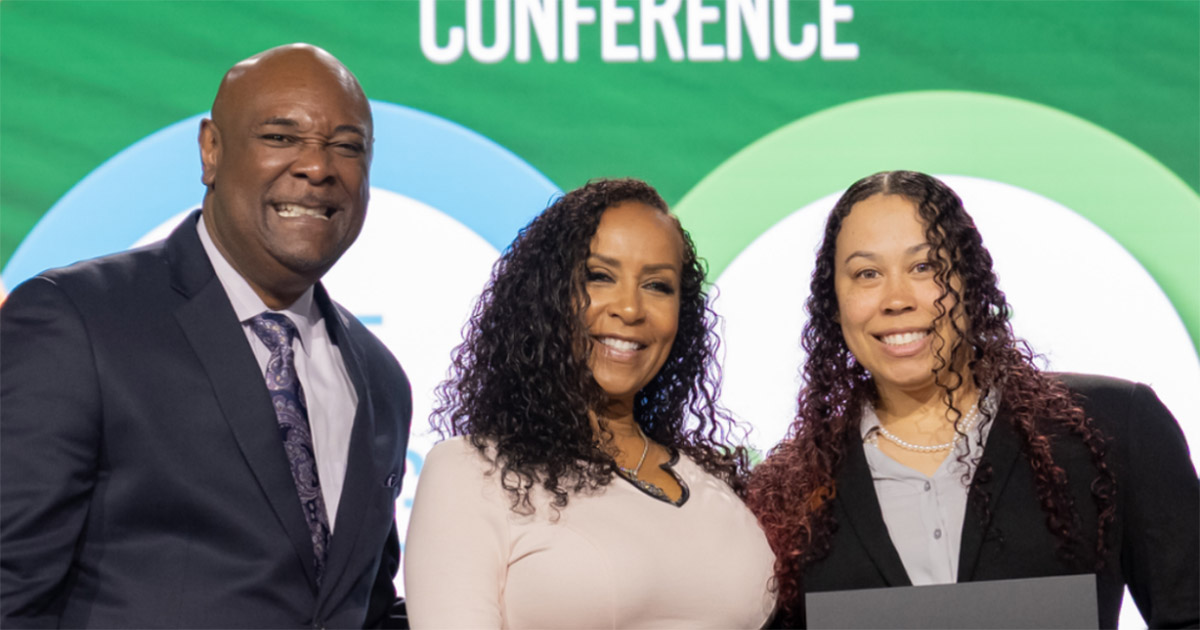 Lawson (right) receives the Women of Color STEM community service award from Kendall Harris, senior director of equity advancement at YMCA of the Triangle, and Angela Stribling, radio host (WHURfm California) and host and producer of nationwide Awareness Campaigns such as Celebrating Black History Vignettes. 