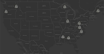 A U.S. map showing the 10 universities who collaborated on the Wood-Based Degree Program campaign