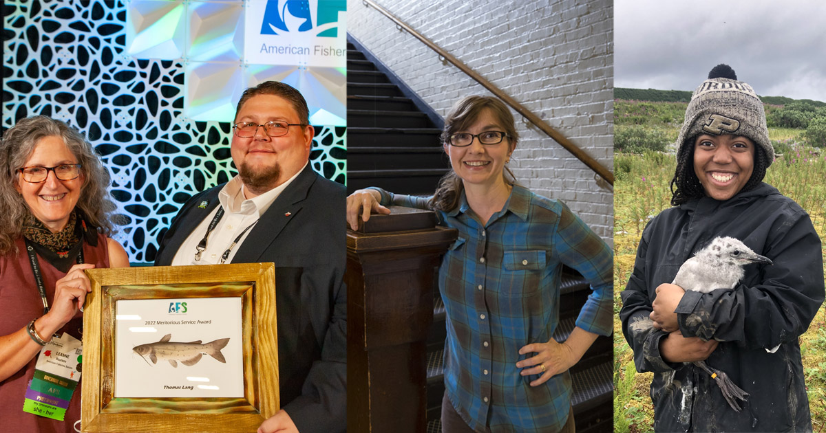 2022 AFS Meritorious Service Award honoree Tom Lang, Dr. Eva Haviarova - a Society of Wood Science and Technology woman ambassador, and sophomore wildlife major Gabby Dennis with a glaucous-winged gull chick. 