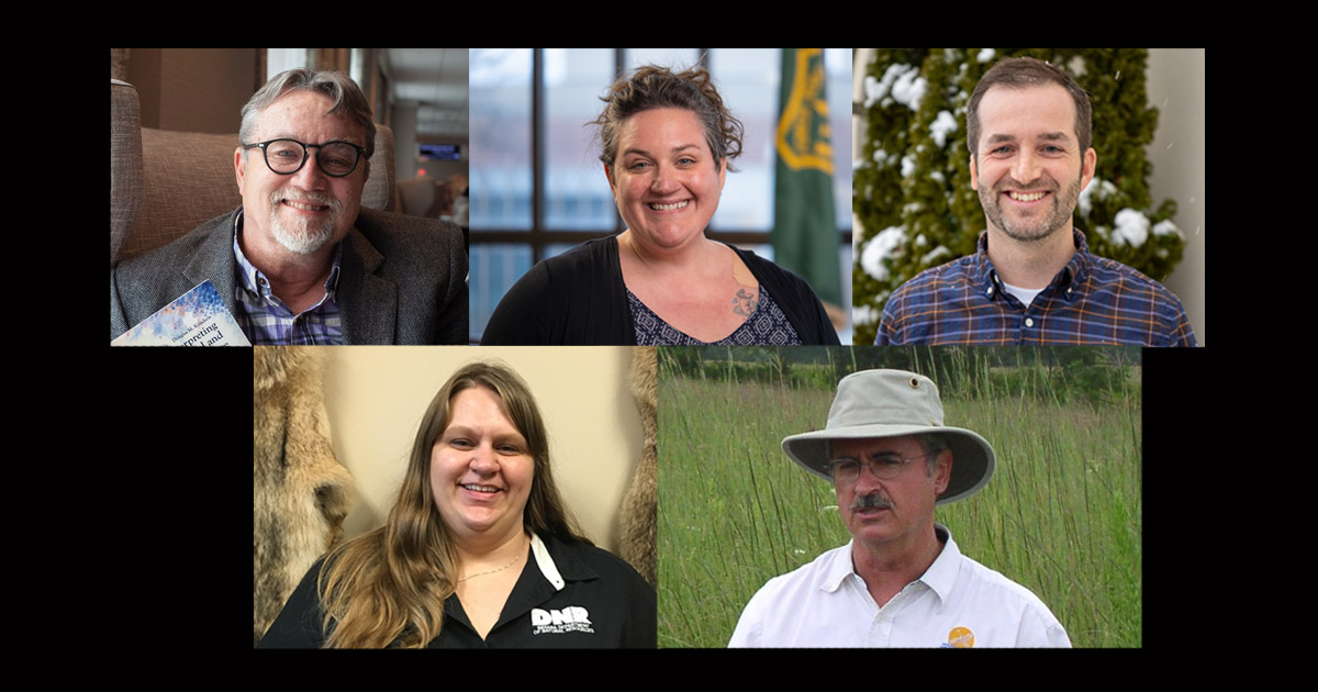 FNR alumni and career award winners: top line (left to right) - Dr. Ted Cable, Dr. Kristen Floress and Dr. Zach Feiner. Bottom row (left to right): Geriann Albers and Dean Zimmerman