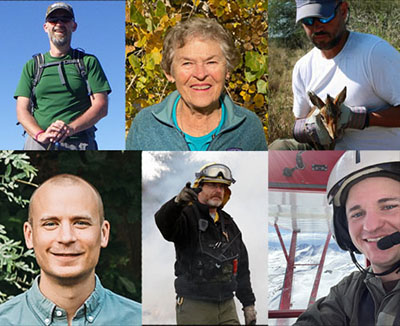 A collage of photos of the 2024 FNR Career Award recipients: John Kershaw, Betty Jane "BJ" Meadows, Dr. Jacob Goheen, Dr. Ken Kellner, Dr. Joe Robb and Dr. Zack Delisle.