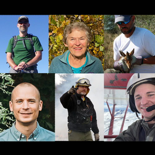 A collage of the 2024 FNR Alumni/Career Award Recipients. Top row (Left to right): Dr. John Kershaw, BJ Meadows, Dr. Jacob Goheen. Bottom row (L to R): Dr. Ken Kellner, Dr. Joe Robb, Dr. Zackary Delisle