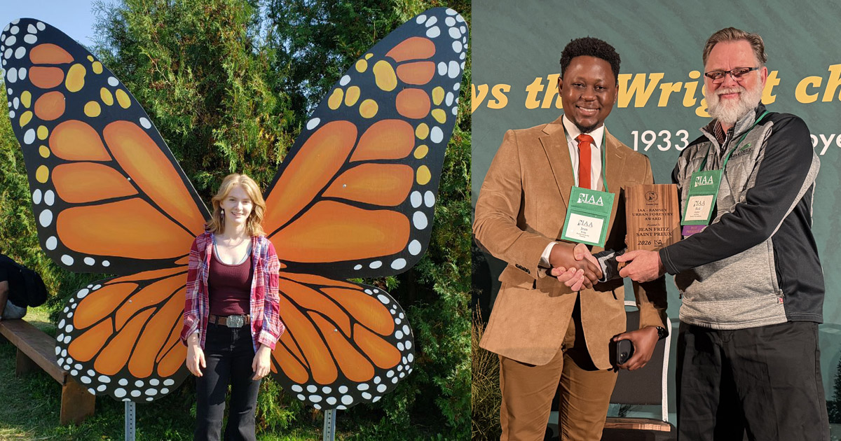 Beca Appelmann stands in front of a butterfly sculpture; Jean Fritz Saint Preux receives his Ramsey Award at the Indiana Arborist Association conference. 