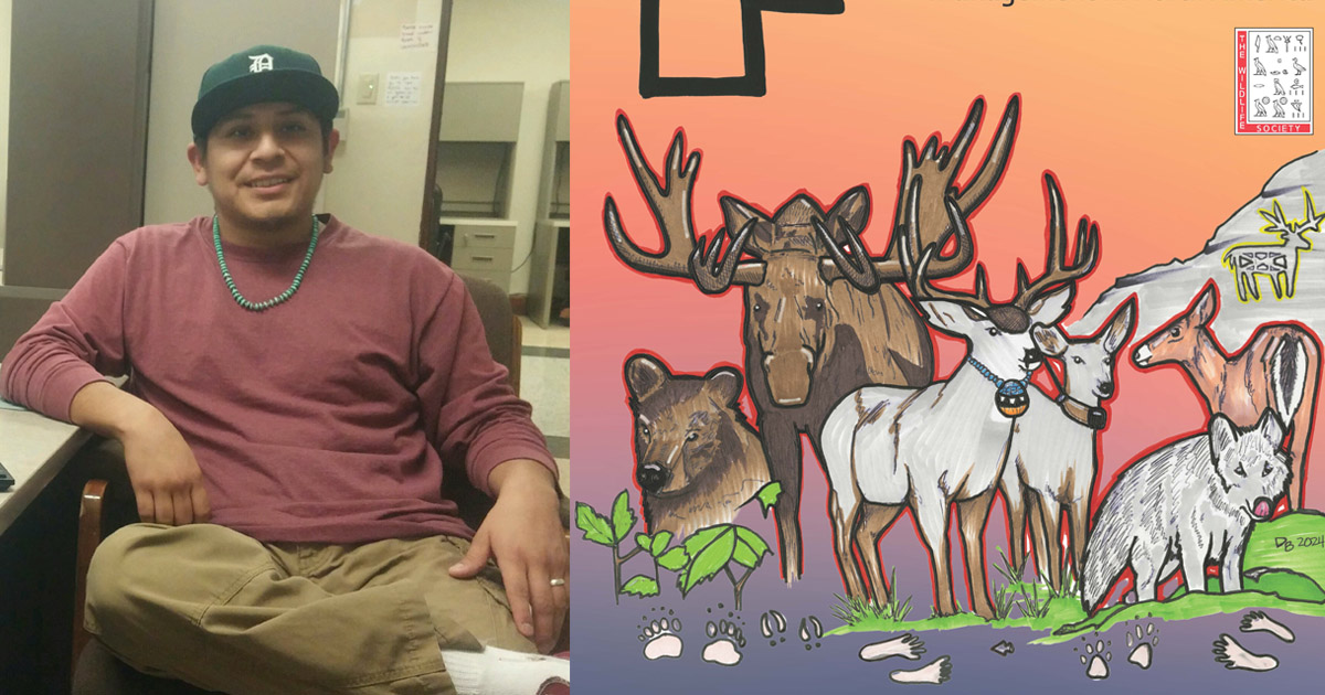 2018 master's alumnus Daniel Bird sits at a computer; the cover art Bird created for the special Indigenous Wildlife Management in North America issue of The Journal of Wildlife Management