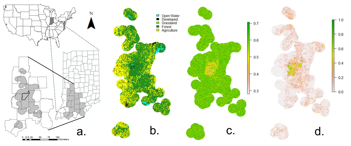 Figures demonstration bobcat habitat suitability in Indiana