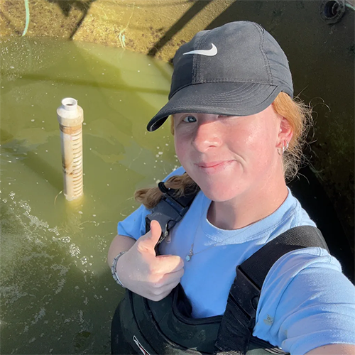 Identifying zooplankton under a microscope in the Freshwater Ecology Lab; a walleye under a microscope at the Aquaculture Research Lab; A largemouth bass Katie caught hook and line sampling. 