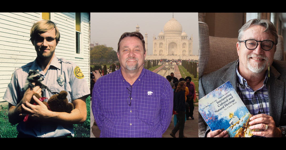 Dr. Ted Cable holds a raccoon in his younger years; Cable visits the Taj Mahal in India while working at Kansas State; Cable holds his book Interpreting Cultural and Natural Heritage for a Better World.