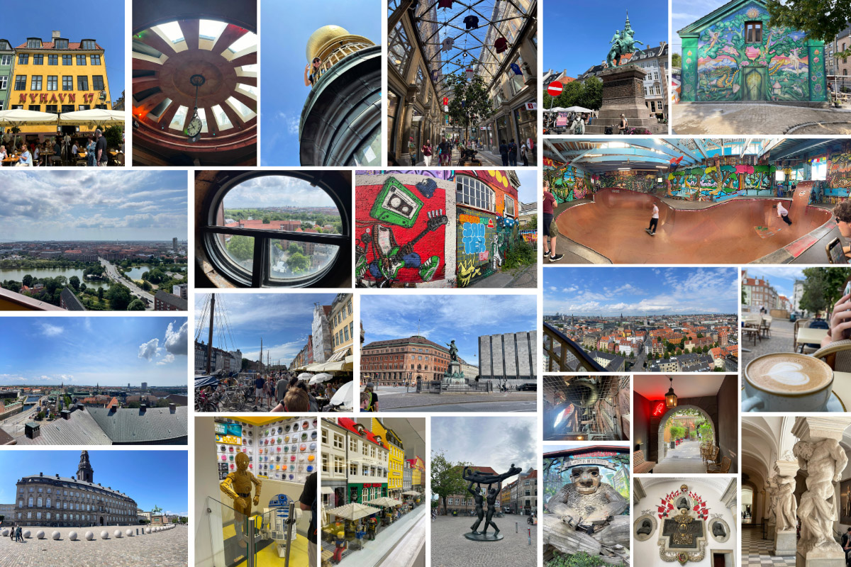 A collage of images of Copenhagen, including the Christiansborg Palace, the Church of Our Savior, as well as Nyhavn and Christiana. 