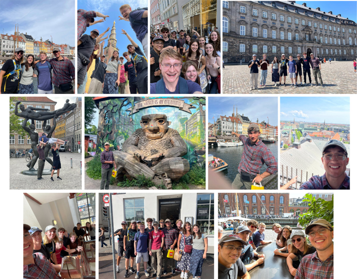 A collage of images of people at the various sites in Copenhagen, Nyhavn and Christiana.