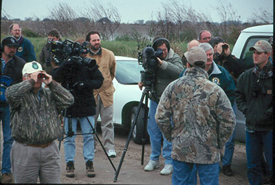 Dave Case organizes CBS TV coverage about snow geese in Wharton, Texas in 2001