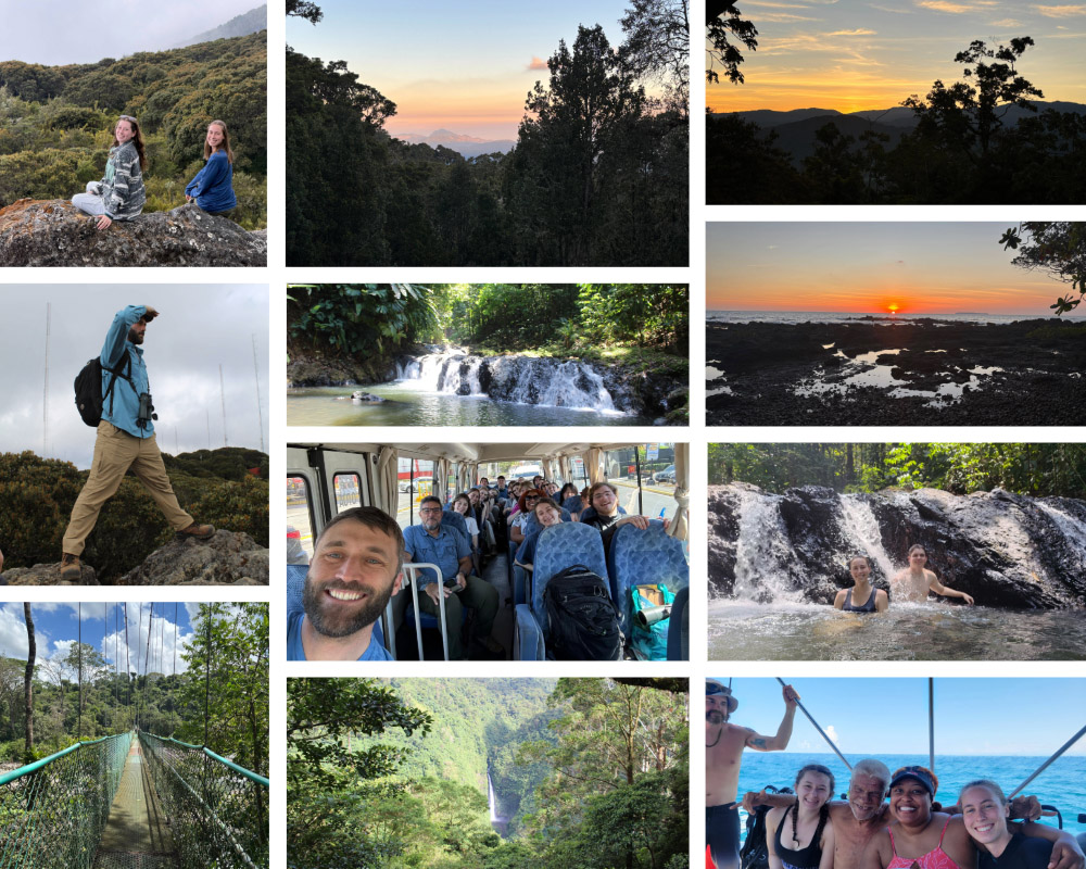 A collage of photos from Costa Rica by Lauren Toepp: Top row (Left to right): Aanesera and Lauren in Chirripó National Park which is one of the highest places in Costa Rica; sunrise at El Copal; sunrise at El Copal.  Second row: Dr. Patrick Ruhl straddles two rocks on a hillside;The waterfall at Corcovado National Park. Sunset on the Osa Peninsula.  Third row: The group on the bus when they first arrived in Costa Rica; Nathan and Lauren in the waterfall at Corcovado National Park. Bottom row: The bridge at Tirimbina; the waterfall from the first day the group arrived in Costa Rica; Addi, Megan, and Lauren with their dive guide.