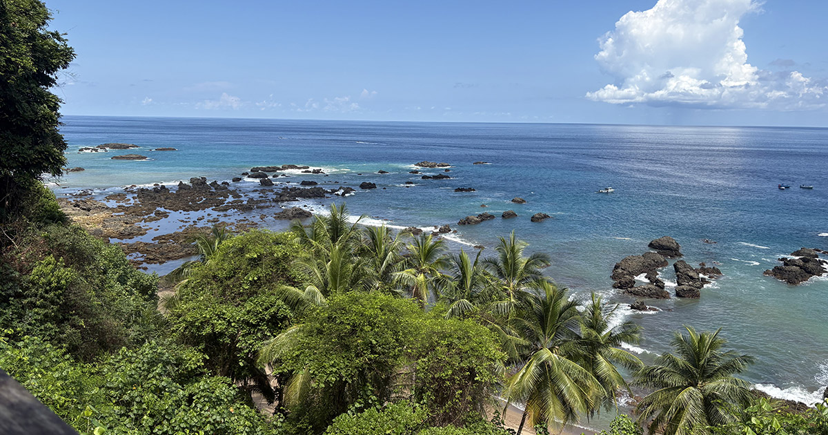 A photo of the coast of Costa Rica, including trees and shoreline