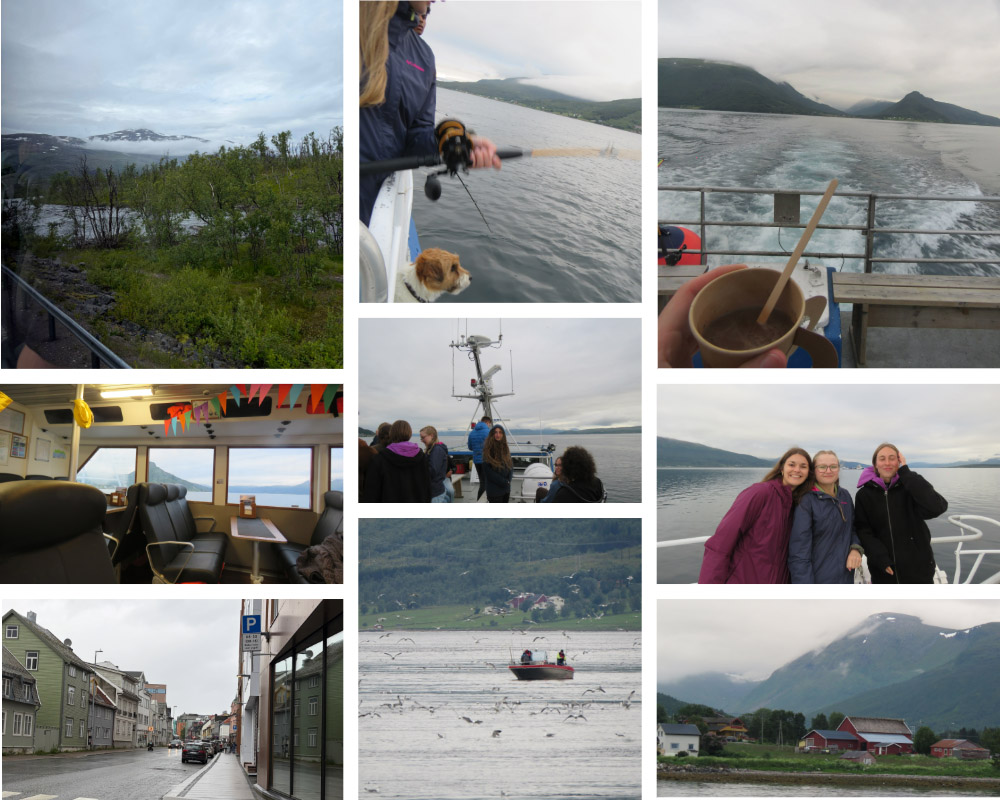 A collage of images from Norway, including a mountain landscape, a woman fishing with a dog underneath her, hands holding a hot beverage with the waves flowing behind the boat, the inside of the boat cabin, students on the ship's deck, three women standing on the ship's hull, a landscape of the town, a boat on the water surrounded by birds and a mountainside town. 