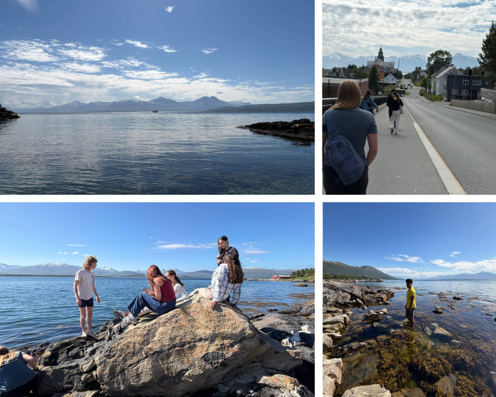 A collage of images from the coast and beach in Norway, including a landscape, students walking through town, students sitting on a rock by the water and a student wading into the water. 