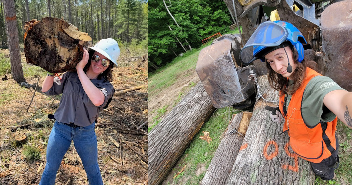 Sophia DeMoss stands in a clearcut area at Summer Practicum 2024; Sophia stands next to a skidder she used in timber harvesting at her forestry internship this summer.