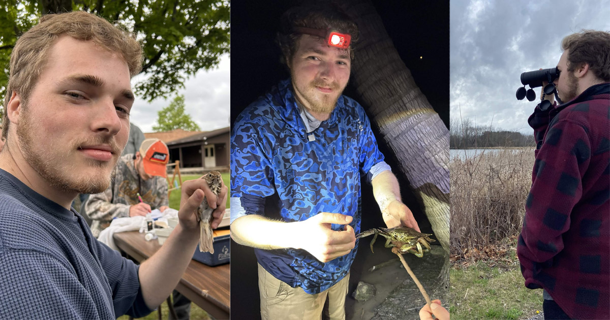 Liam Doski holds a bird; Doski holds a crab; Doski looks through binoculars