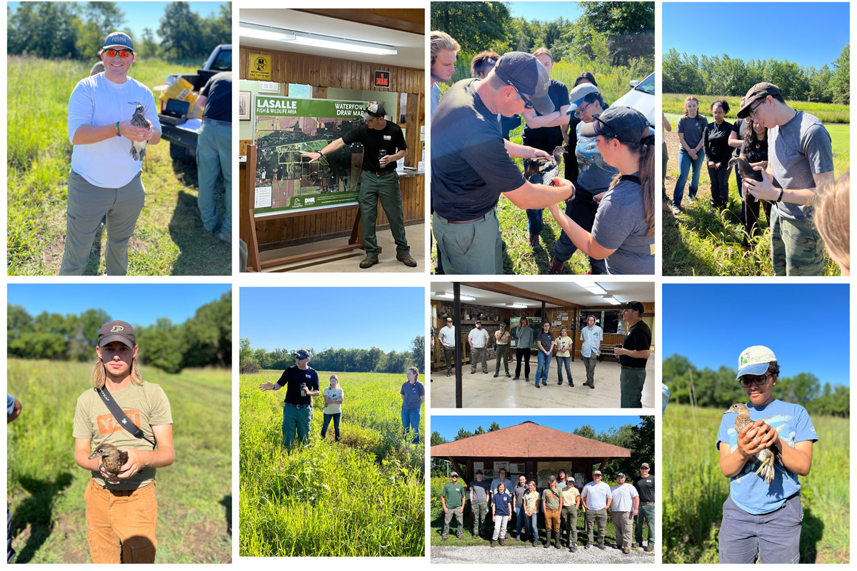 Images from the FNR 465 History and Role of Hunting in North American Wildlife Conservation course touring the LaSalle Fish and Wildlife Area in Lake Village, Indiana, and helping FNR alumni Zack DeYoung and Robert Brinkman band wood ducks on the property.
