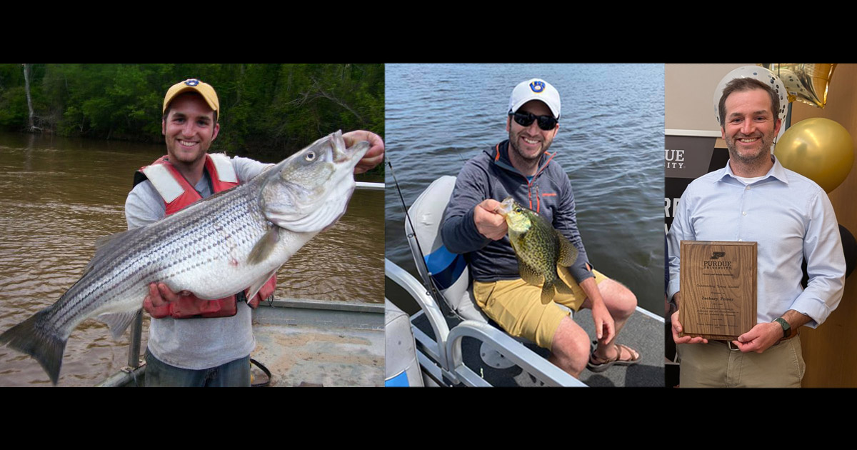 Zach Feiner holds a striped bass; Feiner holds a black crappie; Feiner holds his Outstanding Young Alumni Award plaque