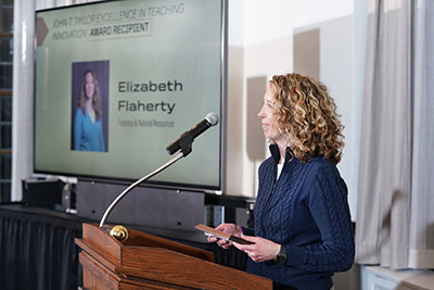 Dr. Elizabeth Flaherty speaks at the College of Ag Excellence in Teaching Awards