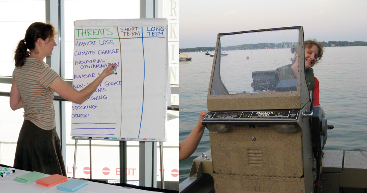 Carolyn Foley leads a Great Lakes focus group in 2011; Foley on a boat with a University of Michigan student